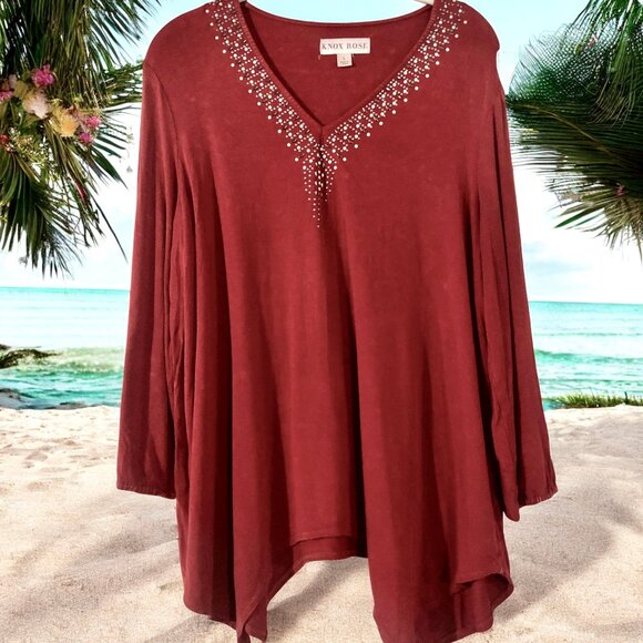 Knox Rose Blouse Top Bohemian Beaded V Neck Asymmetrical Hem size large - Picture 2 of 10